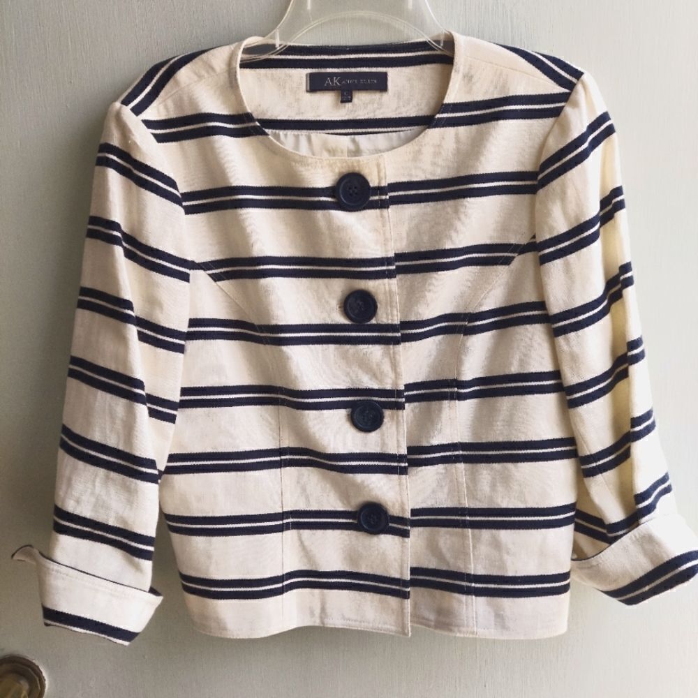 Anne Klein Cream & Navy Striped Button Jacket